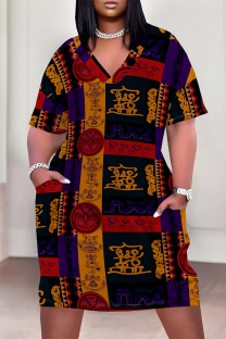 Black Casual Geometric Print Poker Pocket Contrast V Neck Printed Plus Size Dresses