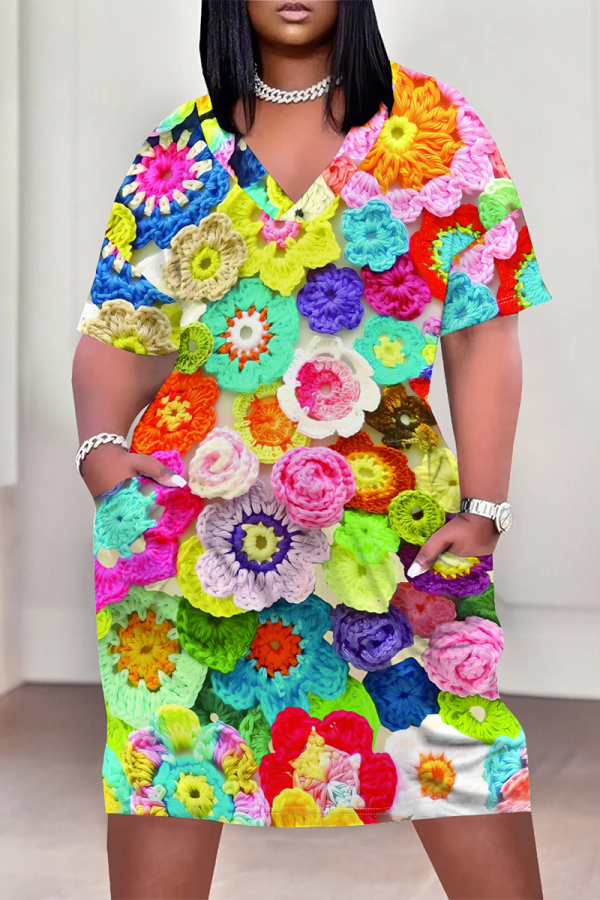Colour Casual Letter Print Flowers Leopard Pocket Contrast V Neck Printed Plus Size Dresses