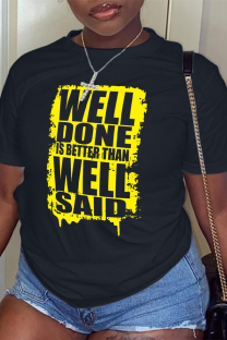 Black Casual Letter Print Contrast O Neck T-Shirts