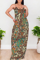 Brown Sexy Leopard Print Pocket Contrast U Neck Printed Dresses