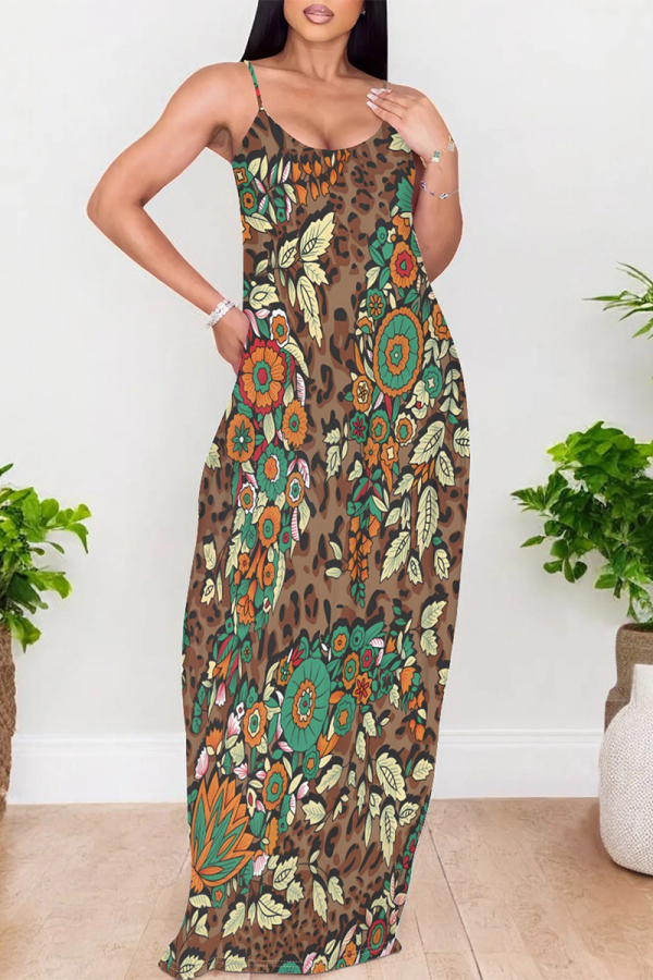 Brown Sexy Leopard Print Pocket Contrast U Neck Printed Dresses