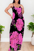 Rose Red Sexy Floral Print Pocket Contrast U Neck Printed Dresses
