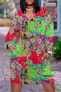 Red Green Casual Geometric Print Flowers Pocket Contrast V Neck Printed Plus Size Dresses