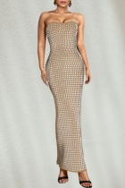 Apricot Sexy Patchwork Hot Drilling Backless Slit Strapless Long Dresses