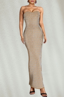Apricot Sexy Patchwork Hot Drilling Backless Slit Strapless Long Dresses