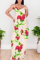 Apricot Sexy Floral Print Pocket Contrast U Neck Printed Dresses