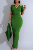 Coffee Casual Patchwork Contrast Turndown Collar Long Dresses
