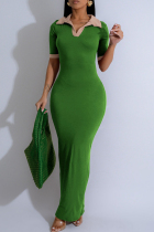 Green Casual Patchwork Contrast Turndown Collar Long Dresses