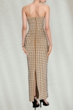 Apricot Sexy Patchwork Hot Drilling Backless Slit Strapless Long Dresses