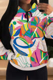 Yellow Casual Geometric Print Flowers Draw String Pocket Hooded Tops
