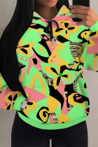 Green Casual Geometric Print Flowers Draw String Pocket Hooded Tops