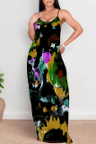 White Red Sexy Floral Print Pocket Contrast U Neck Printed Dresses
