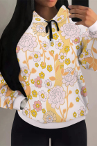 Light Pink Casual Geometric Print Flowers Draw String Pocket Hooded Tops