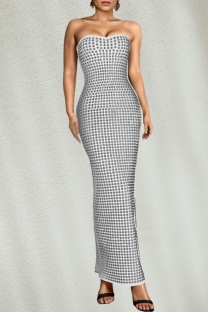 White Sexy Patchwork Hot Drilling Backless Slit Strapless Long Dresses