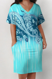 Green Purple Casual Geometric Print Poker Pocket Contrast V Neck Printed Plus Size Dresses