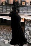 Red Sexy Solid Color Sequins Patchwork High Slit O Neck Long Sleeve Two Pieces