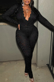 Black Sexy Solid Color Lace Patchwork See-Through V Neck Long Sleeve Two Pieces