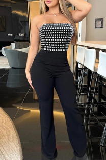 Black Casual Patchwork Backless Hot Drill Strapless Regular Jumpsuits