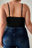 Black Sexy Solid Color Lace Hollow Out Spaghetti Strap Plus Size Tops