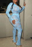 Black Sexy Solid Color Lace Patchwork See-Through V Neck Long Sleeve Two Pieces