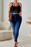 Black Sexy Solid Color Lace Hollow Out Spaghetti Strap Plus Size Tops