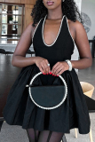 Black Elegant Solid Color Patchwork Backless Strap Design A Line Dresses