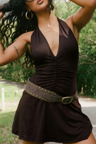 Brown Elegant Solid Color Patchwork Backless Ruched Halter Dresses