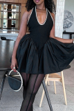 Black Elegant Solid Color Patchwork Backless Strap Design A Line Dresses