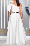 White Elegant Solid Color Patchwork With Belt Bow Decor Oblique Collar Evening Dresses