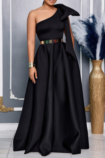 Black Elegant Solid Color Patchwork With Belt Bow Decor Oblique Collar Evening Dresses