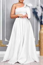 White Elegant Solid Color Patchwork With Belt Bow Decor Oblique Collar Evening Dresses