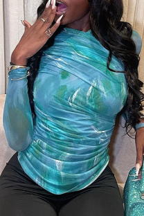 Blue Casual Print Patchwork Ruched O Neck Tops