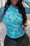 Blue Casual Print Patchwork Ruched O Neck Tops