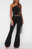 Black Casual Solid Color Hollow Out Patchwork Backless Oblique Collar Two Pieces