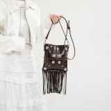 Black Daily Solid Color Fringed Trim Rivets Bags