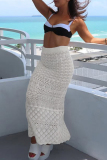 White Sexy Solid Color Patchwork See-Through Slit Straight High Waist Straight Patchwork Bottoms