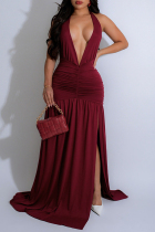 Burgundy Sexy Formal Elegant Solid Color Backless Slit Ruched Belted Deep V Neck Long Dresses