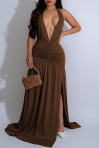 Dark Brown Sexy Formal Elegant Solid Color Backless Slit Ruched Belted Deep V Neck Long Dresses