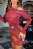Red Casual Print Patchwork Oblique Collar Wrapped Skirt Dresses
