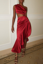 Red Elegant Solid Color Hollow Out Patchwork High Slit Oblique Collar Irregular Dresses
