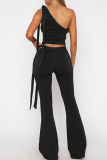 Black Casual Solid Color Hollow Out Patchwork Backless Oblique Collar Two Pieces