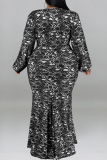Purple Casual Print Patchwork V Neck Long Plus Size Dresses