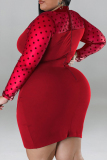 Black Casual Polka Dot Patchwork See-Through Zipper O Neck Wrapped Skirt Plus Size Dresses