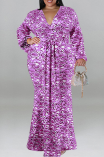 Purple Casual Print Patchwork V Neck Long Plus Size Dresses