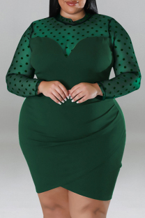 Green Casual Polka Dot Patchwork See-Through Zipper O Neck Wrapped Skirt Plus Size Dresses