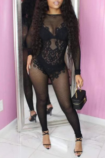 Black Sexy Solid Color Patchwork See-Through Mesh O Neck Skinny Jumpsuits