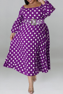 Purple Casual Polka Dot Patchwork Backless With Belt Square Neck Long Plus Size Dresses