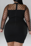 Black Casual Polka Dot Patchwork See-Through Zipper O Neck Wrapped Skirt Plus Size Dresses