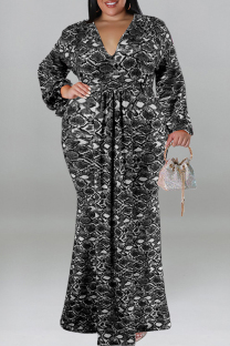 Black Casual Print Patchwork V Neck Long Plus Size Dresses