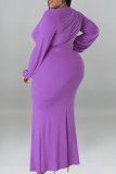 Green Casual Solid Color Patchwork Ruched V Neck Long Plus Size Dresses